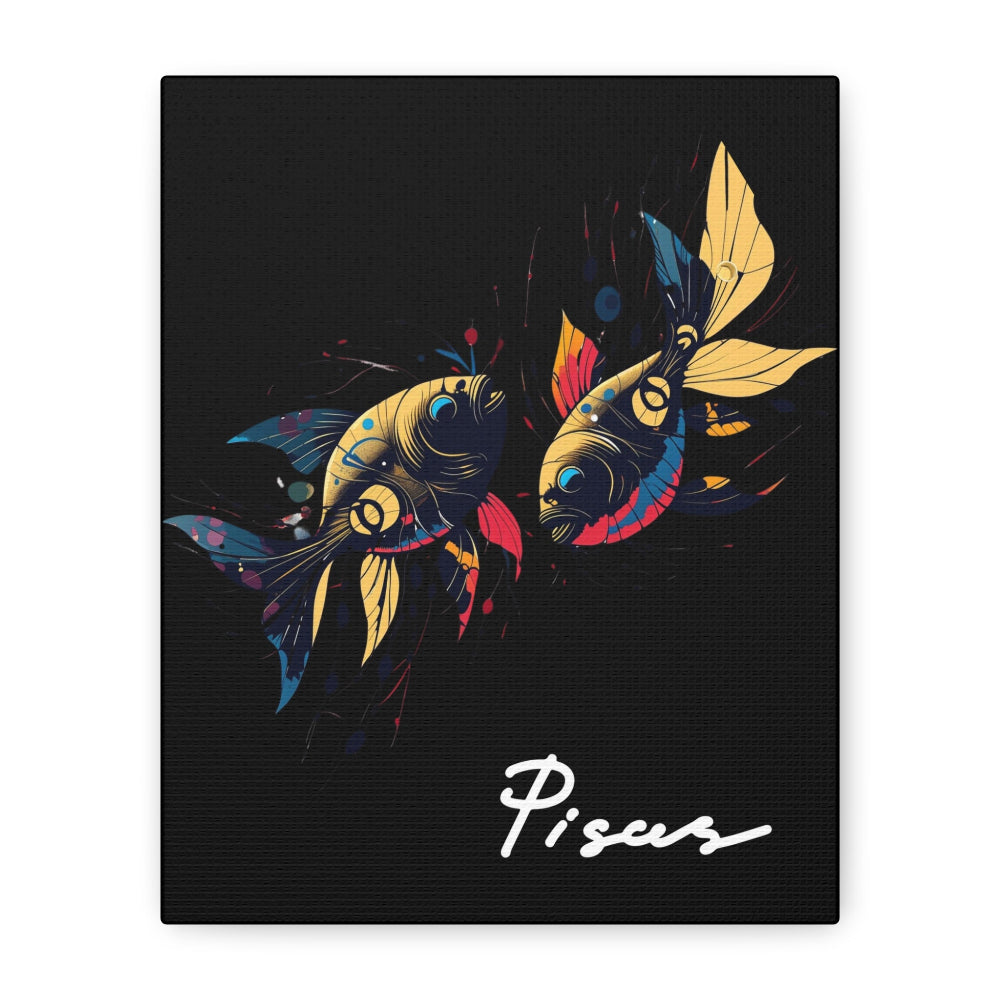 Close up of black canvas wall art print of colorful abstract mirrored fish with flowing fins and cosmic splatters on dark background, featuring "Pisces" in elegant white cursive.
