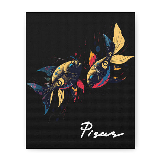 Close up of black canvas wall art print of colorful abstract mirrored fish with flowing fins and cosmic splatters on dark background, featuring "Pisces" in elegant white cursive.