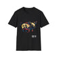 Black unisex cotton t-shirt featuring bold Year of the Pig zodiac graphic: vibrant abstract pig portrait with detailed snout and ears, playful fierce expression, geometric accents, and dynamic multicolored paint splatters in gold, red, black, blue, teal, and orange tones exploding outward. Chinese text "猪年" (Year of the Pig) printed below in white. Chinese New Year zodiac motivational crewneck tee.