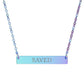 Iridescent bar necklace with engraved uppercase text "SAVED" on a gradient light blue to purple pendant, suspended on a matching rainbow-tinted chain. Minimalist motivational affirmation jewelry for grace, redemption, and spiritual protection.