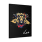 Leo zodiac canvas wall art featuring a bold illustrated golden lion on black background with colorful cosmic accents and handwritten Leo text