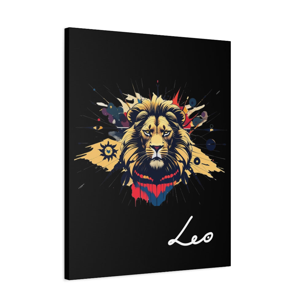 Leo zodiac canvas wall art featuring a bold illustrated golden lion on black background with colorful cosmic accents and handwritten Leo text