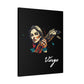Black canvas wall art print of colorful abstract Virgo woman holding wheat sheaf, serene expression, stylish hair, and cosmic splatters on dark background, featuring "Virgo" in elegant white cursive.