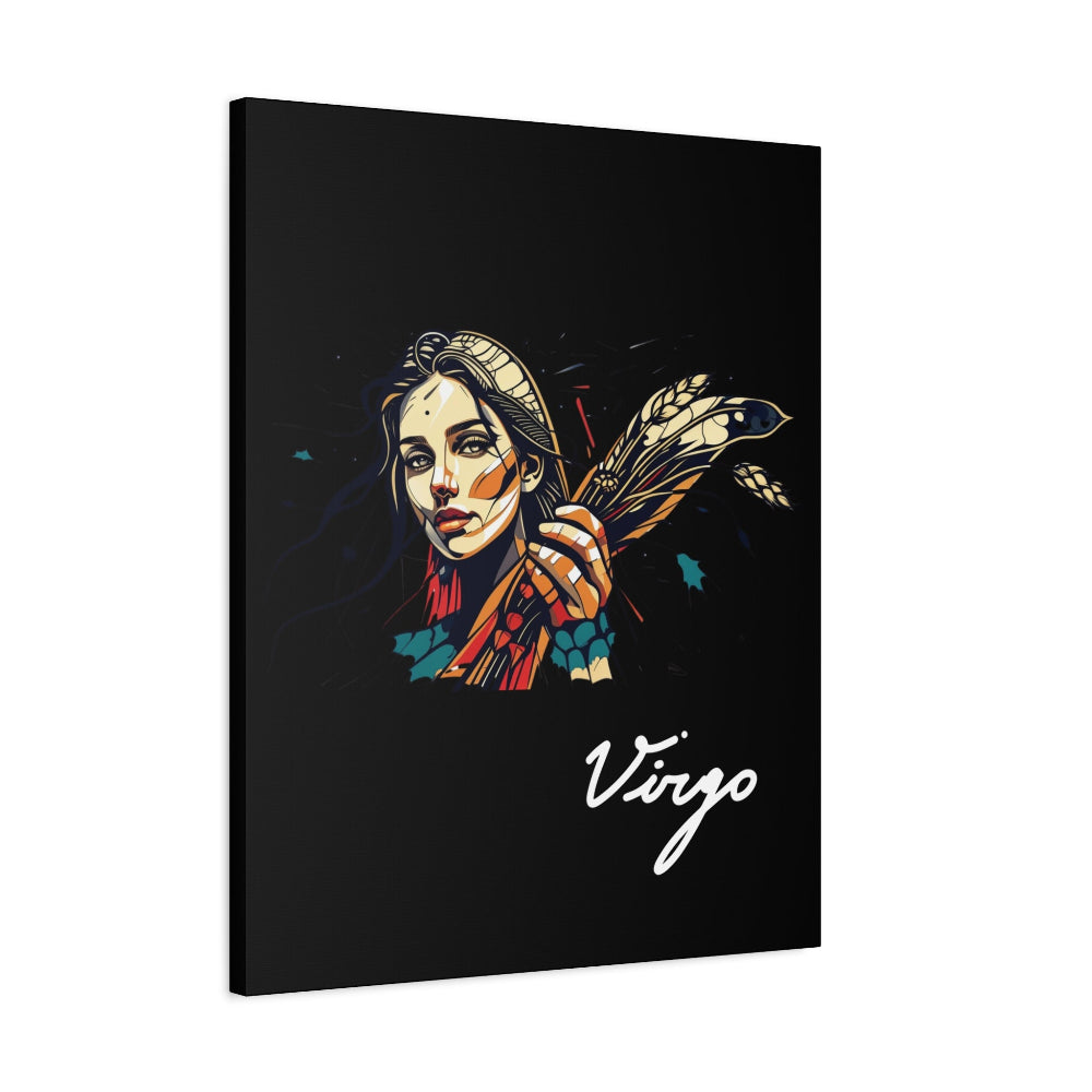 Black canvas wall art print of colorful abstract Virgo woman holding wheat sheaf, serene expression, stylish hair, and cosmic splatters on dark background, featuring "Virgo" in elegant white cursive.