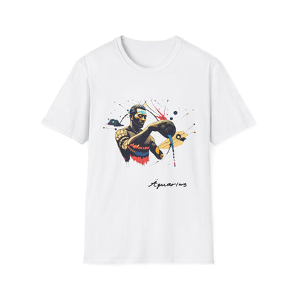 White unisex cotton t-shirt featuring bold Aquarius zodiac graphic: vibrant abstract water bearer figure pouring vessel, dynamic flowing pose, tribal face paint and headband details, geometric patterns, and explosive multicolored paint splatters in gold, red, navy, teal, blue, and black tones bursting outward. Elegant black cursive "Aquarius" text below. Astrology zodiac motivational crewneck tee.