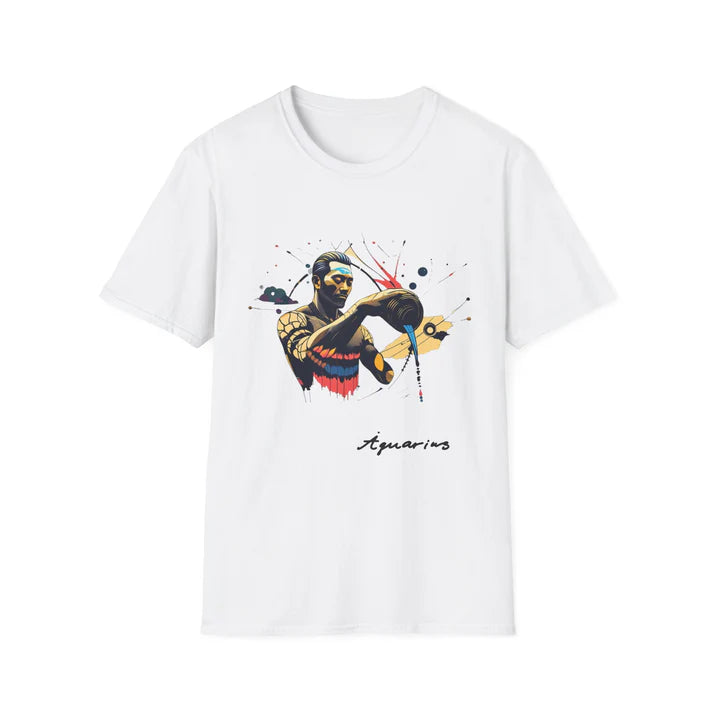 White t-shirt with a colorful graphic design and 'Aquarius' text on a white background