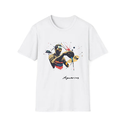 White t-shirt with a colorful graphic design and 'Aquarius' text on a white background