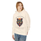 Young woman with long hair modeling cream hoodie featuring vibrant multicolored bear head graphic, roaring expression, fur in blue orange teal splashes, orange moon above, "GROUNDED POWER" arched text, motivational quote about roots and steadiness below