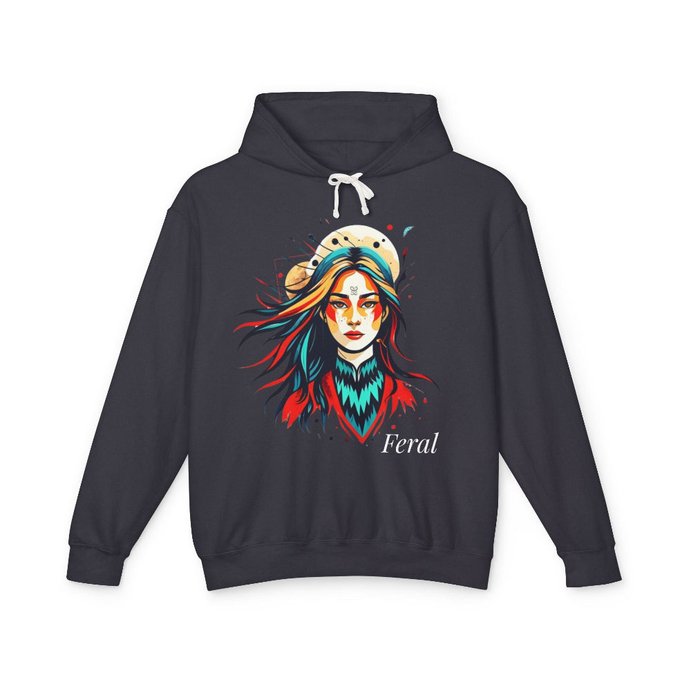 Black hoodie with a colorful graphic of a woman's face and the word 'Feral' on a white background