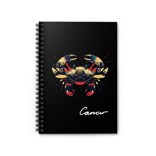 Notebook with a colorful abstract Cancer crab illustration, intricate claws, and cosmic splatters on a black background, featuring the word "Cancer".