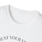 Close-up of white unisex cotton crewneck t-shirt collar: soft ribbed neckline, clean stitching, comfortable fit. Premium durable crew neck construction detail.