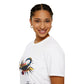 White unisex cotton t-shirt in side profile on smiling woman with braided hair, featuring bold Scorpio zodiac graphic on chest: vibrant abstract scorpion silhouette with raised stinger, intense glowing eyes, detailed tail and pincers, geometric patterns, and explosive multicolored paint splatters in gold, red, navy, teal, and black tones bursting outward. Elegant black cursive "Scorpio" text below. Astrology zodiac motivational crewneck tee.