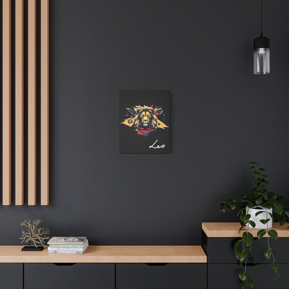 Leo zodiac wall art featuring a colorful illustrated lion on a black background, modern astrology canvas print displayed as framed artwork above a wooden shelf
