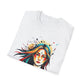 White folded unisex cotton t-shirt featuring bold "Feral" graphic print: vibrant abstract portrait of a fierce woman with wild flowing multicolored hair, intense expression, tribal markings, colorful geometric accents, and dynamic paint splatters in red, orange, teal, blue, and gold tones bursting outward around an orange moon background. White elegant cursive "Feral" text below. Wild feminine energy motivational crewneck tee.