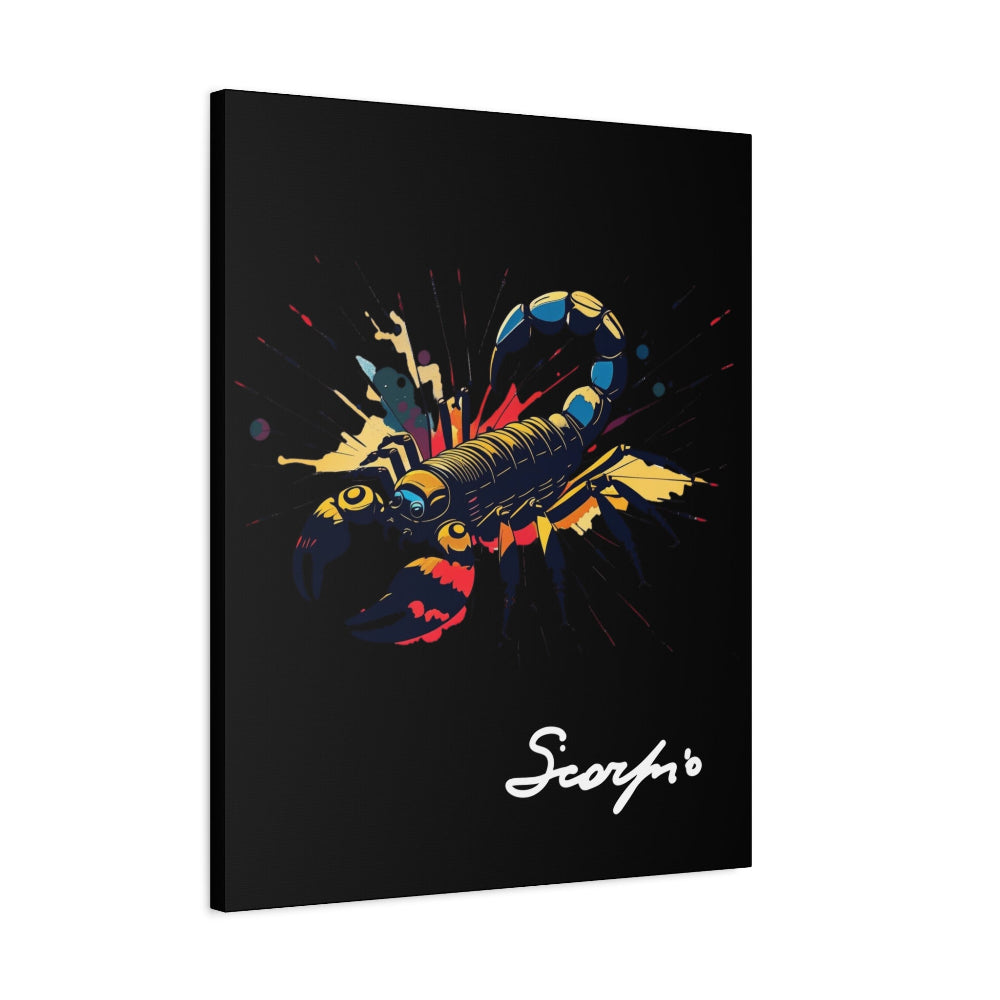 Black canvas wall art print of colorful abstract Scorpio scorpion with raised stinger, intense eyes, intricate tail and pincers, geometric patterns, and cosmic splatters on dark background, featuring "Scorpio" in elegant white cursive.