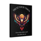 Black canvas wall art print featuring colorful abstract phoenix with spread wings and intense expression on dark background, arched white text "TRUST YOUR VISION" above and quote "Even when others can't see what you see" below. 