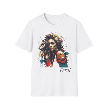 White unisex cotton t-shirt featuring bold "Feral" graphic: vibrant abstract portrait of a fierce woman with wild flowing hair, intense expression, tribal markings, colorful geometric accents, and dynamic paint splatters in red, orange, teal, blue, and gold tones bursting outward around an orange moon background. White elegant cursive "Feral" text below. Wild feminine energy motivational crewneck tee.