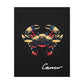 Close-up of Cancer zodiac canvas art featuring a bold golden crab illustration with colorful cosmic splashes on black background and stylized Cancer text.