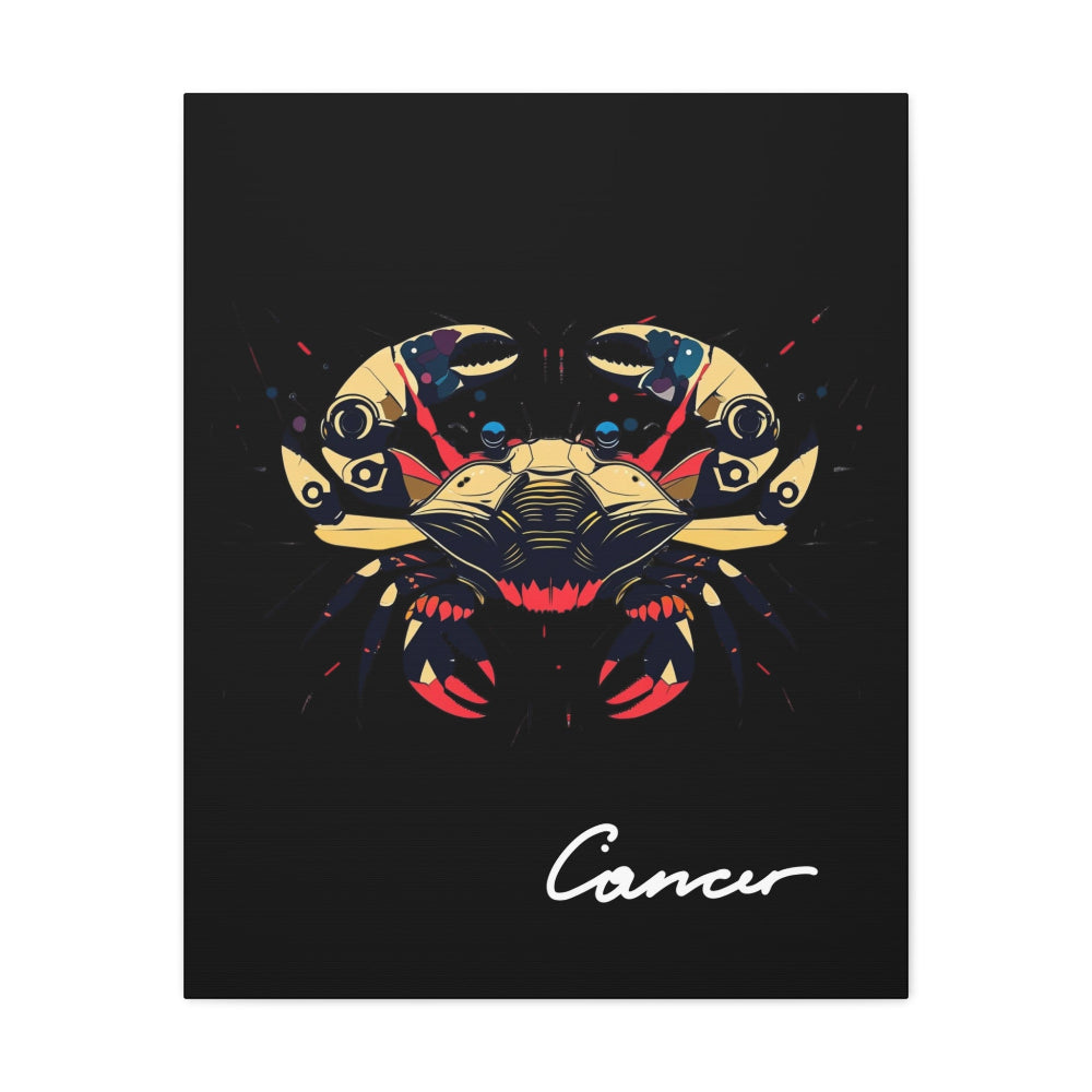 Close-up of Cancer zodiac canvas art featuring a bold golden crab illustration with colorful cosmic splashes on black background and stylized Cancer text.