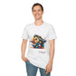 White unisex cotton t-shirt modeled by smiling man with hand in pocket, featuring bold "Primal" graphic: stylized intense bearded man portrait with vibrant red, yellow, blue, teal paint splatters bursting outward. Elegant black "Primal" text below. Primal masculine energy motivational crewneck tee.