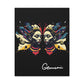 Close up of black canvas wall art print of colorful abstract Gemini twin faces with butterfly wings, cosmic accents, and paint splatters on dark background, featuring "Gemini" in elegant white cursive.