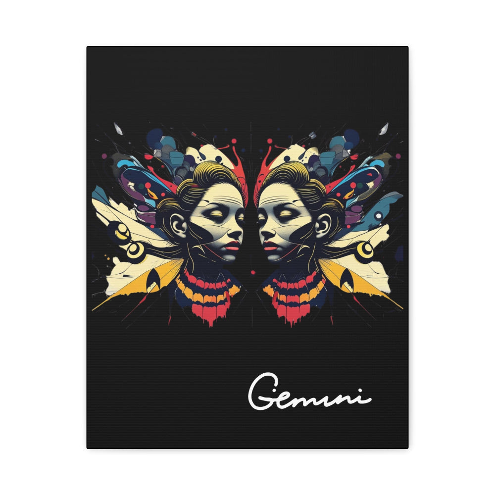 Close up of black canvas wall art print of colorful abstract Gemini twin faces with butterfly wings, cosmic accents, and paint splatters on dark background, featuring "Gemini" in elegant white cursive.