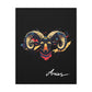 Close up of black canvas wall art print of colorful abstract Aries ram head with curved horns, intense eyes, geometric patterns, and cosmic splatters on dark background, featuring "Aries" in elegant white cursive.