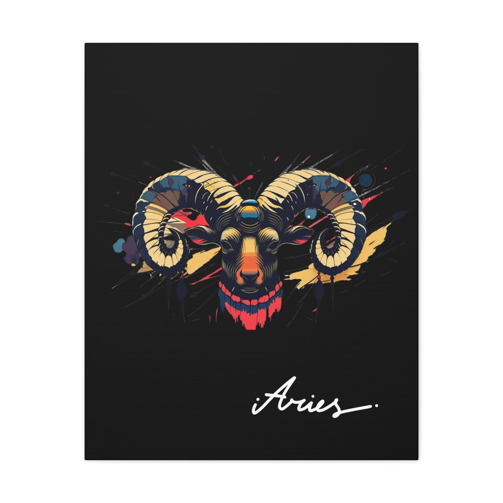 Close up of black canvas wall art print of colorful abstract Aries ram head with curved horns, intense eyes, geometric patterns, and cosmic splatters on dark background, featuring "Aries" in elegant white cursive.