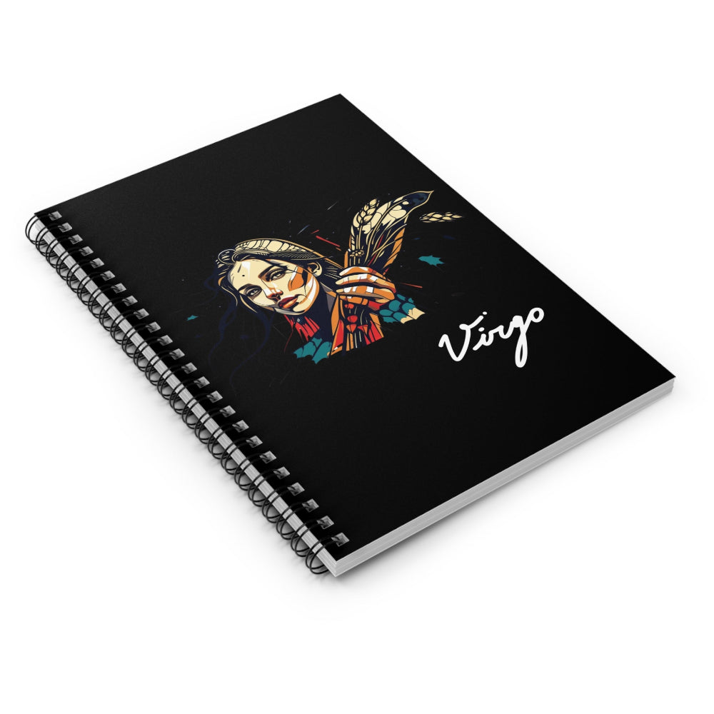 Notebook with a colorful abstract Virgo woman holding wheat sheaf, serene expression, flowing hair, and paint splatters on a black background, featuring the word "Virgo".
