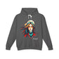 Gray hoodie with a colorful graphic of a woman's face and the word 'Feral' on a white background