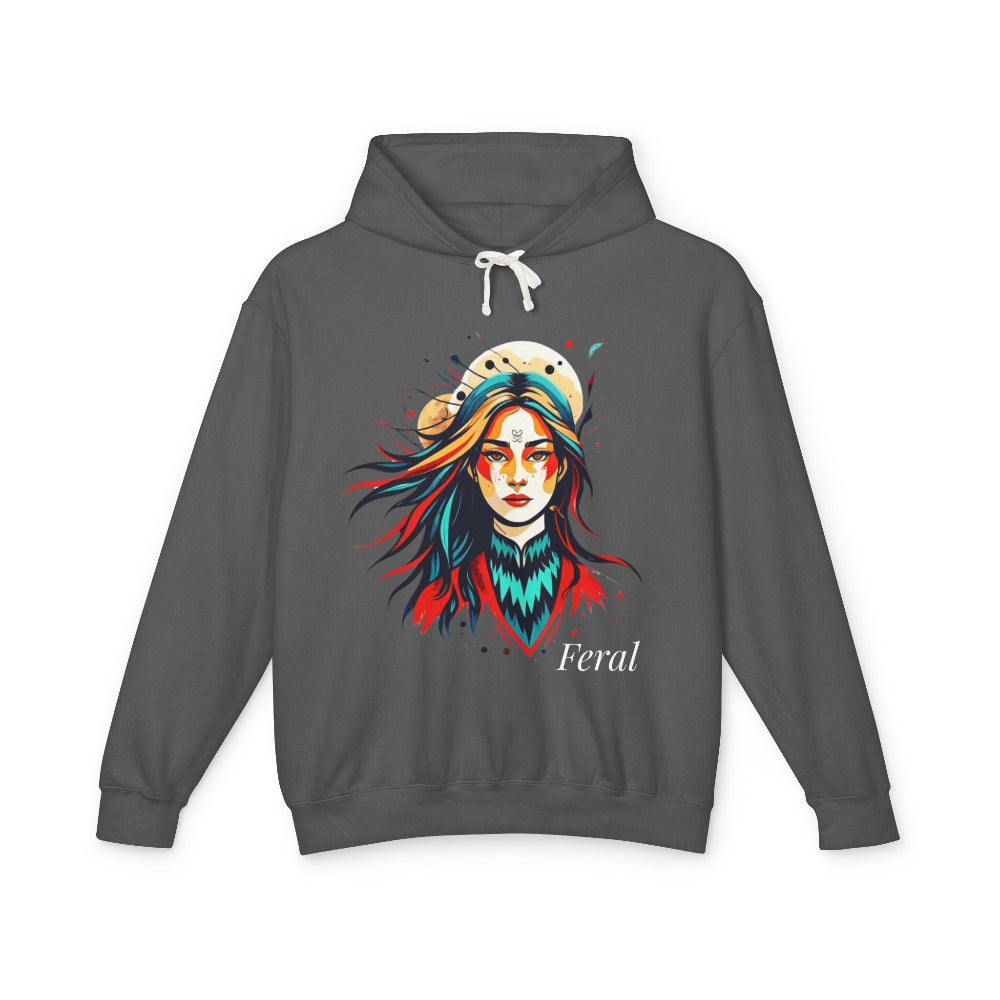 Gray hoodie with a colorful graphic of a woman's face and the word 'Feral' on a white background