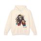 Beige hoodie with a graphic of a woman and the word 'Feral' on a white background