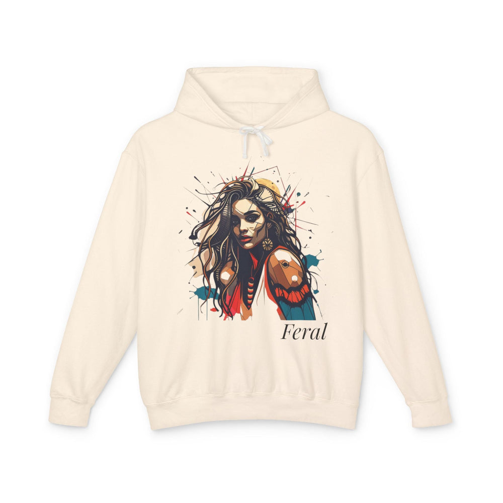 Beige hoodie with a graphic of a woman and the word 'Feral' on a white background