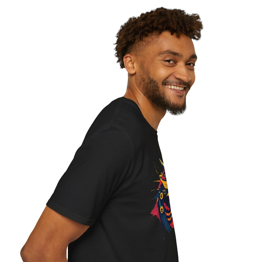 Black unisex cotton t-shirt in side profile on smiling male model with curly hair and beard, featuring bold Year of the Dragon graphic on chest: vibrant abstract dragon head portrait with fierce open mouth, sharp golden horns, intricate scales, flowing mane, and dynamic multicolored paint splatters in gold, red, black, blue, teal, and orange tones exploding outward. Chinese text "龙年" (Year of the Dragon) printed below in white. Zodiac Chinese New Year motivational crewneck tee.