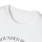 Close-up of white unisex cotton crewneck t-shirt collar: soft ribbed neckline, clean stitching, comfortable fit. Premium durable crew neck construction detail.