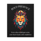 Close up of black canvas wall art print of colorful abstract lion head with intense expression, flowing mane, geometric accents, and cosmic splatters on dark background. Arched white text "BOLD PRESENCE" above and quote "Even when challenges arise, your heart leads with confidence" below.