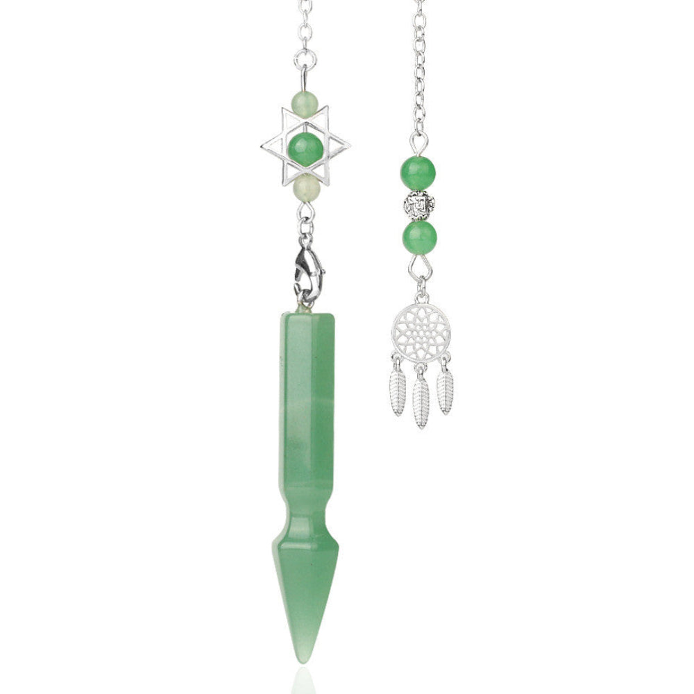Silver pendulum with a long polished green aventurine crystal point, featuring a Star of David charm with green aventurine beads above. Beside it is a matching silver dreamcatcher charm with green aventurine beads and feather details. Crystal dowsing tool set.
