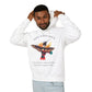 Man modeling a white hoodie with 'Move With Grace' inspirational hummingbird graphic and quote 'Even when the world accelerates, Your center remains steady' printed on the front.