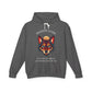 Dark gray hoodie with vibrant multicolored wolf head graphic, intense eyes in orange blue teal splashes, full moon above, "SHADOW GUIDE" arched text, motivational quote "Even when fear appears, your intuition shows the way" below