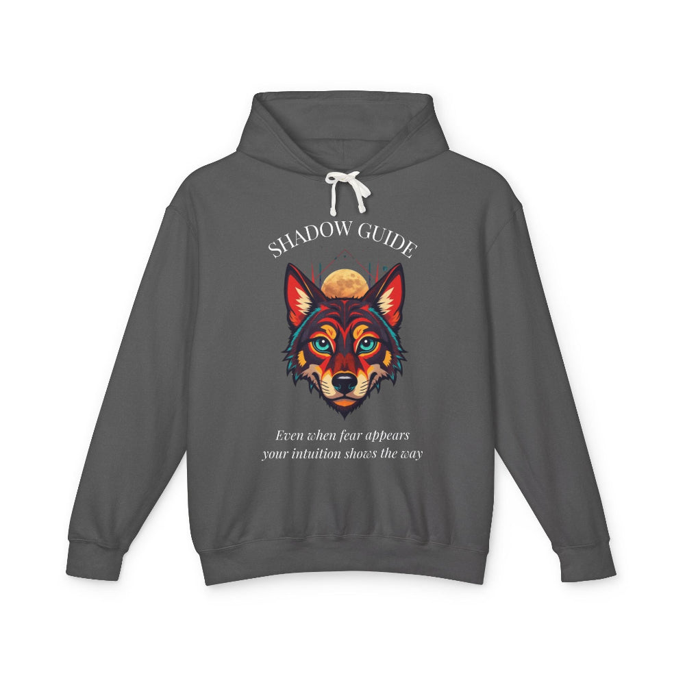 Dark gray hoodie with vibrant multicolored wolf head graphic, intense eyes in orange blue teal splashes, full moon above, "SHADOW GUIDE" arched text, motivational quote "Even when fear appears, your intuition shows the way" below