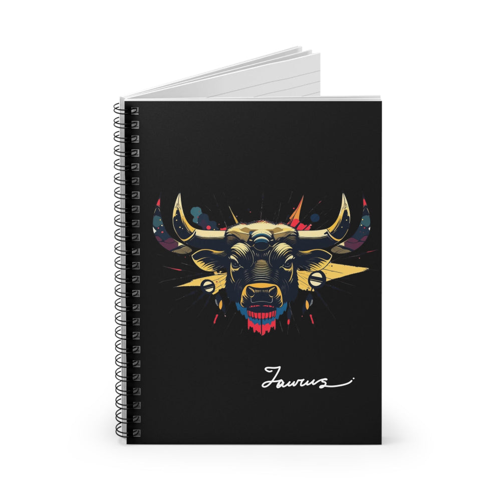 Notebook with a colorful abstract Taurus bull head portrait, large curved horns, intense expression, and paint splatters on a black background, featuring the word "Taurus" in elegant white cursive.