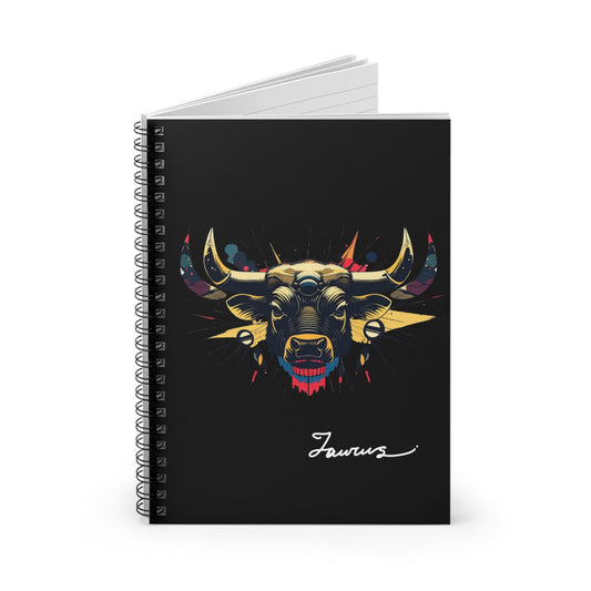 Notebook with a colorful abstract Taurus bull head portrait, large curved horns, intense expression, and paint splatters on a black background, featuring the word "Taurus" in elegant white cursive.