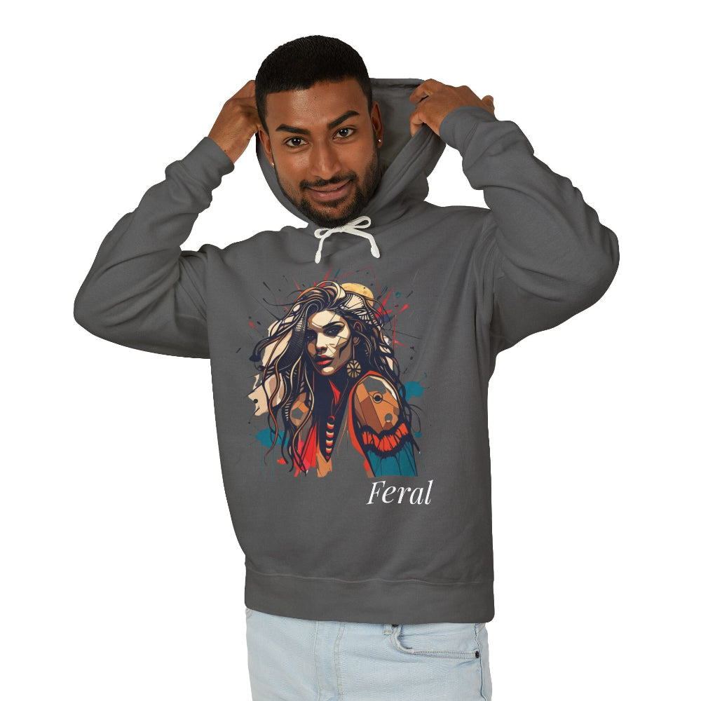 Man in charcoal feral hoodie pulling up hood, colorful wild woman with wolf graphic and "Feral" text