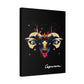 Black canvas wall art print of colorful abstract Capricorn goat head with large curved horns, intense eyes, geometric patterns, and cosmic splatters on dark background, featuring "Capricorn" in elegant white cursive.