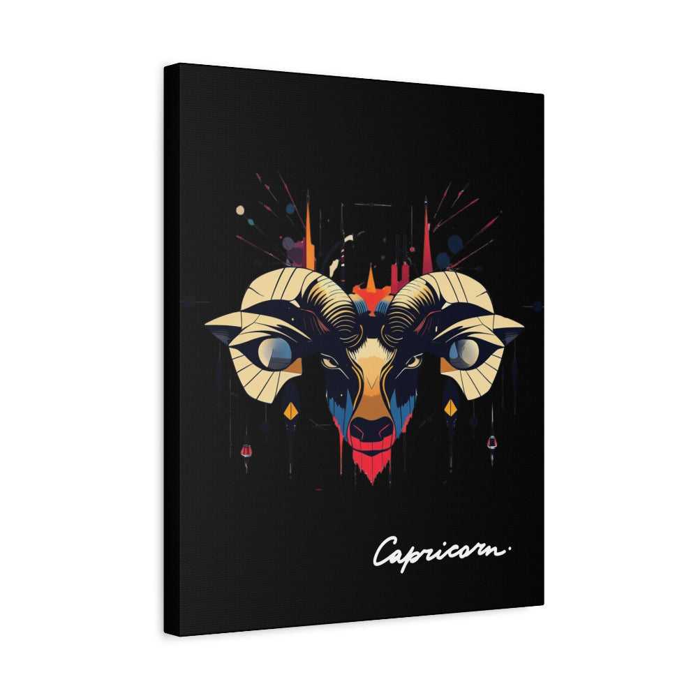 Black canvas wall art print of colorful abstract Capricorn goat head with large curved horns, intense eyes, geometric patterns, and cosmic splatters on dark background, featuring "Capricorn" in elegant white cursive.