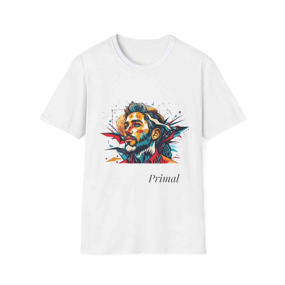 White unisex cotton t-shirt featuring bold Primal graphic print: stylized bearded man portrait with stylish hair, intense expression, and vibrant multicolored geometric shards in red, yellow, teal, and blue exploding outward. Elegant black cursive "Primal" text below. Primal masculine energy motivational crewneck tee.