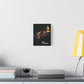 Black canvas wall art print of colorful abstract mirrored fish with flowing fins and cosmic splatters on dark background, featuring "Pisces" in elegant white cursive displayed in a modern home décor setting above a console table with books and yellow lamp.