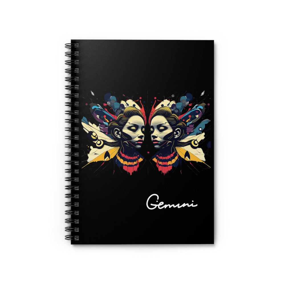 Notebook with a colorful design of twins and the word 'Gemini' on a black background