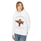 Model wearing a white "Move With Grace" hummingbird graphic hoodie and blue jeans.