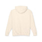 Back view of a plain off-white hoodie laid flat, showing the hood, long sleeves, ribbed cuffs, and hem. Blank back design perfect for customization. Classic unisex pullover hoodie.